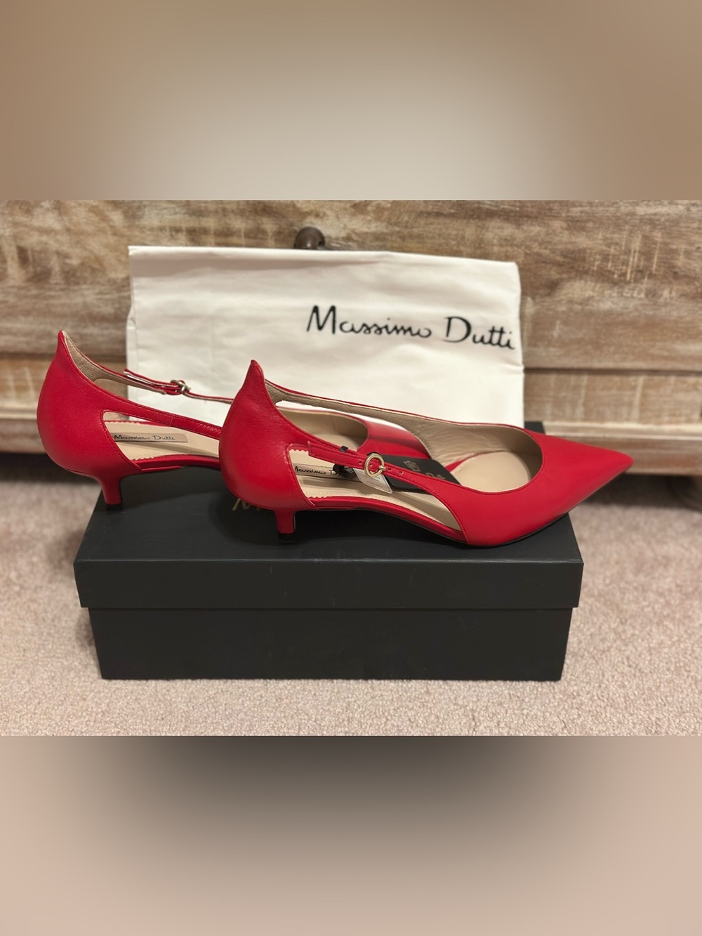 Massimo Dutti Red Leather Slingback Low Heel 37/6.5
